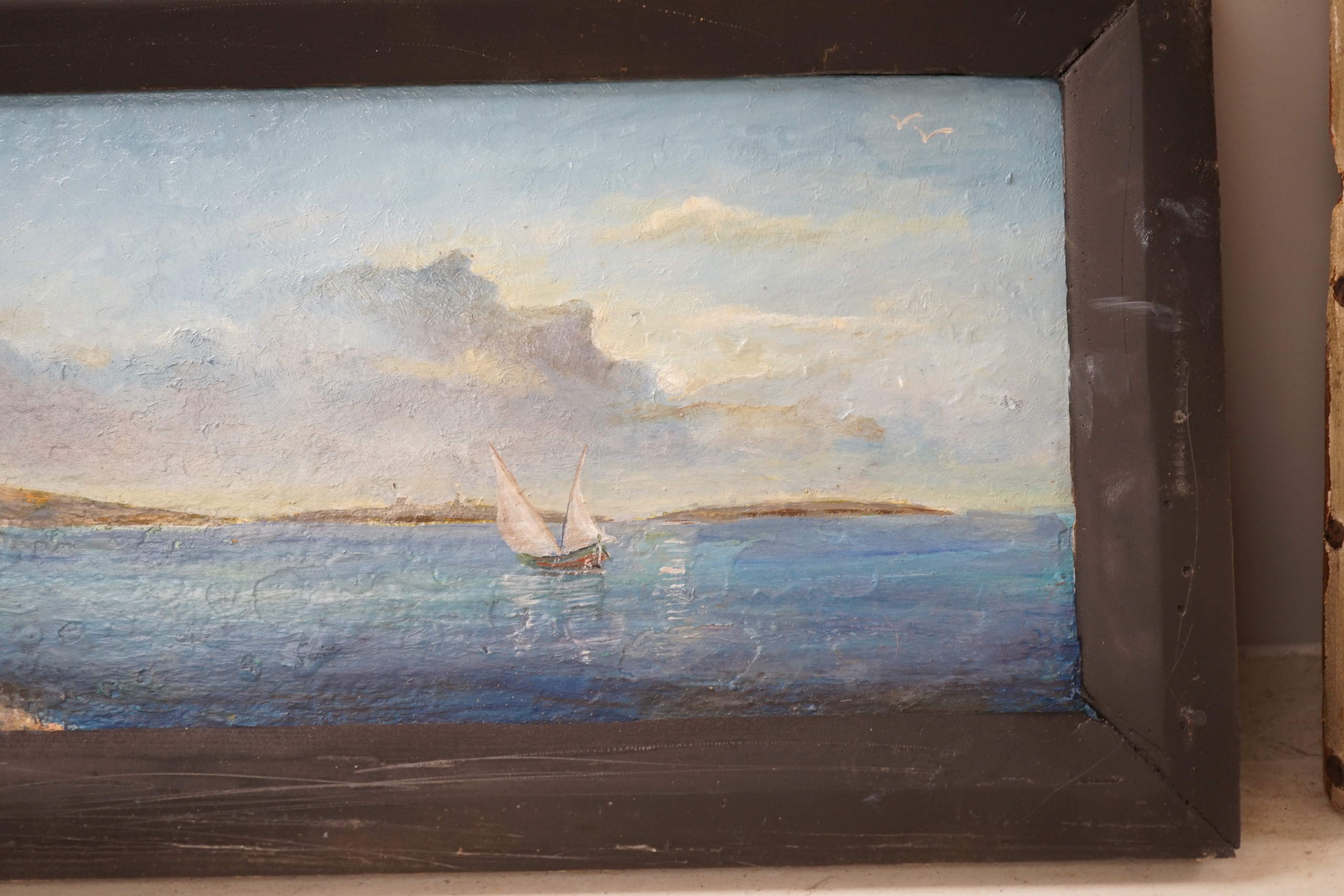 Maltese School, oil on board, Panoramic view of St. Paul's Bay, Malta, 37 x 14cm